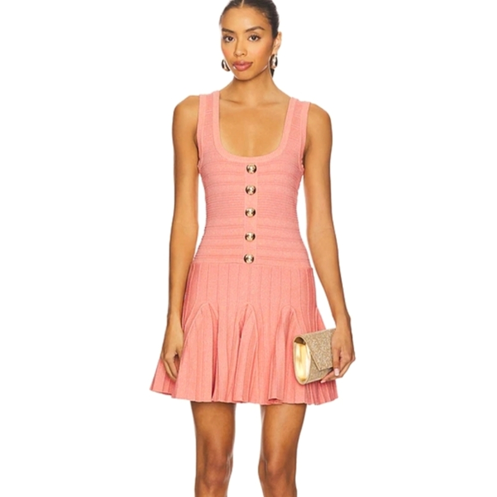 NWT$398 Retrofete Brooke Bandage Flared Mini Dress in Metallic Peach Pink Sz Med - Picture 5 of 16